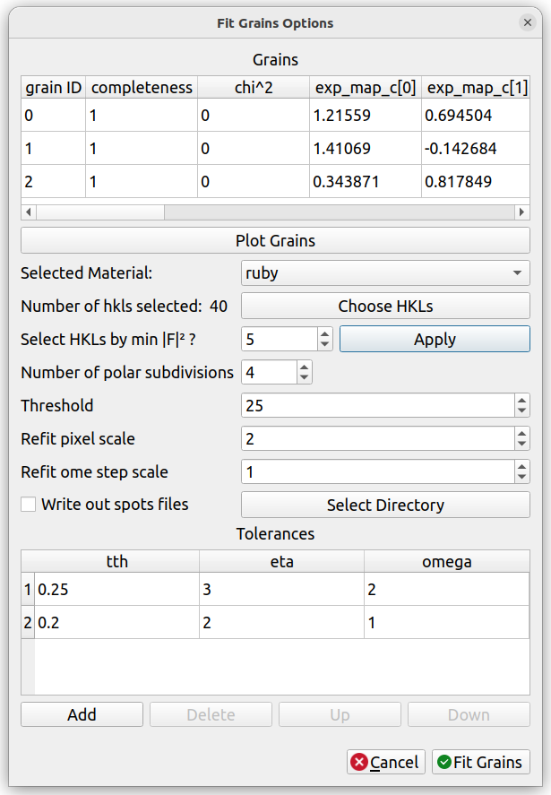 Fit Grains Options Dialog